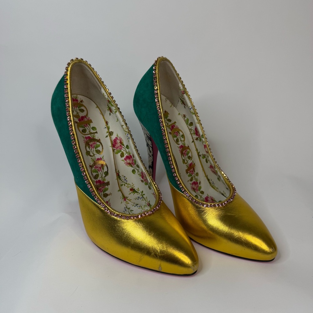 Gucci Women’s Embellished Sparkly Gold and Green Heels
